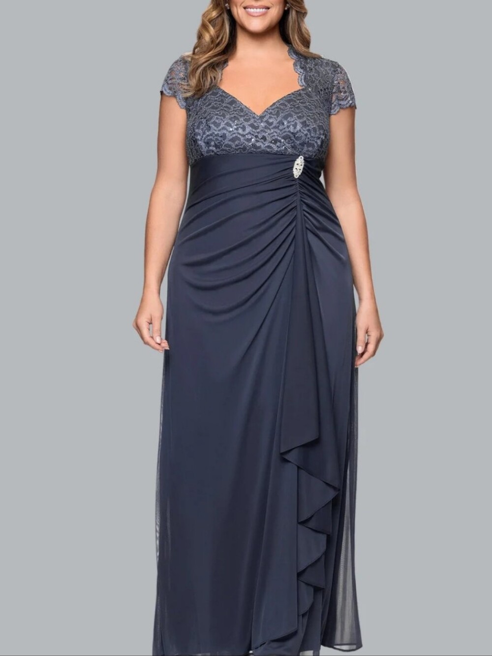 NWT Betsy & Adam Kim Sheer Lace Cap Sleeve Dress Formal Gown Mother Of Bride 24W